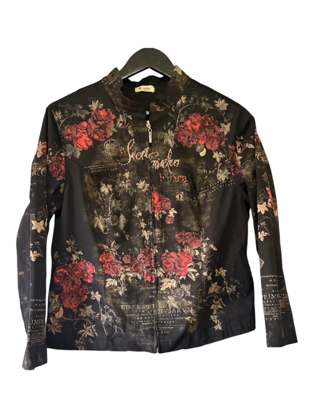 Cactus Black Bomber Jacket with Red Rose Print. Size M.